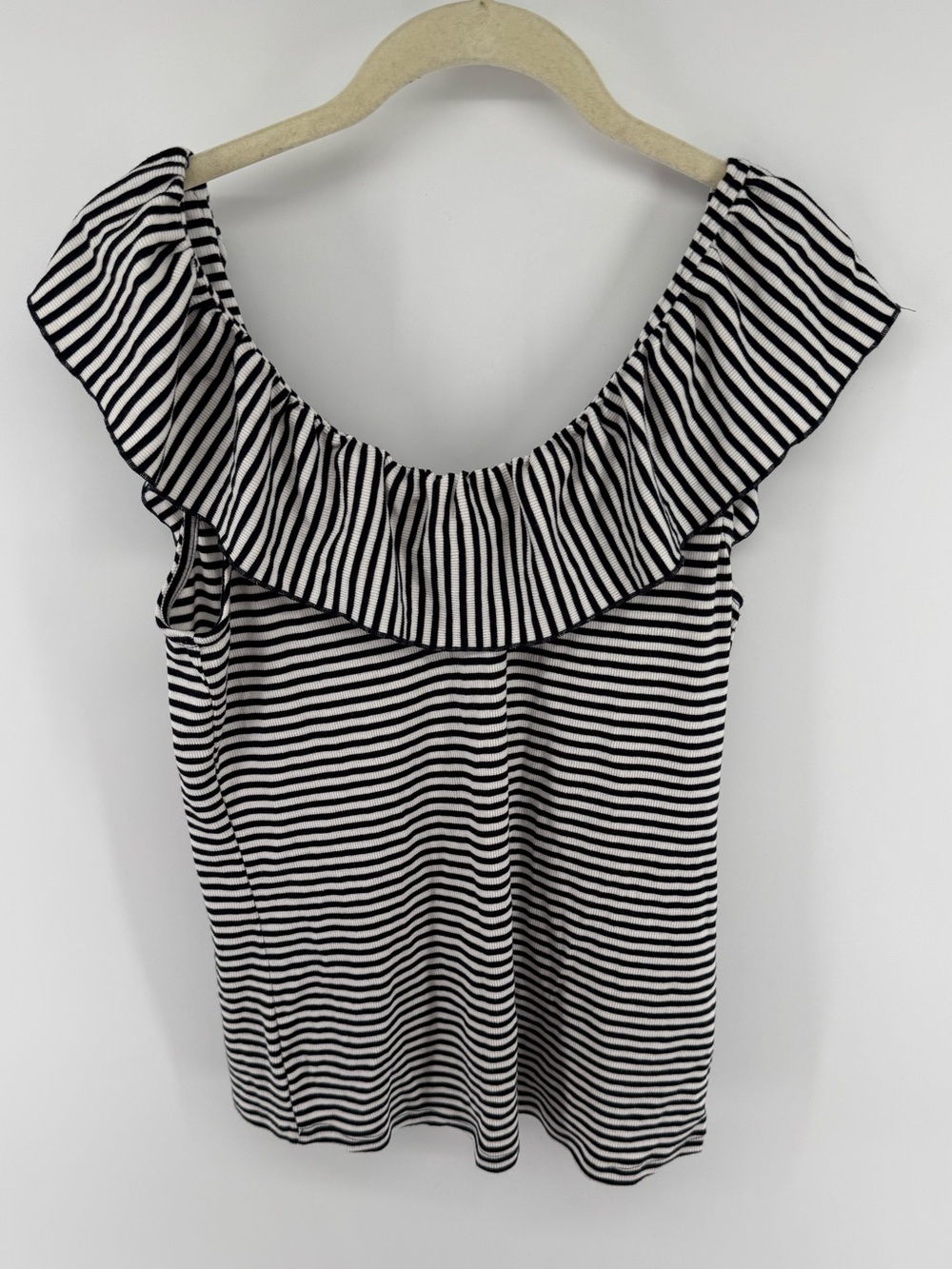a new day Black & White Striped Ruffle Off-Shoulder Tank - Picture 1 of 7